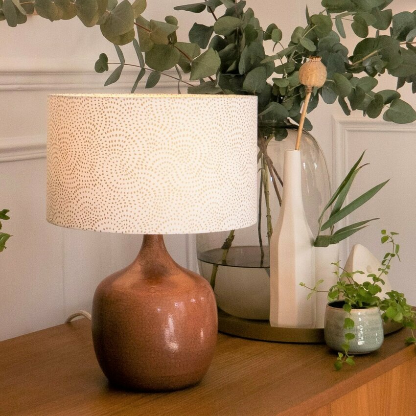 Abat jour design pour lampe, lampadaire ou suspension en tissu blanc motif  or - Sésame